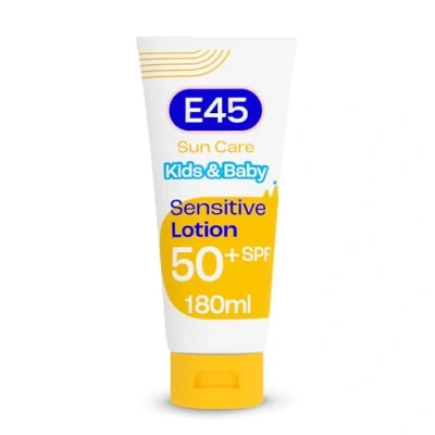 Image of E45 Kids &amp; Baby Sun Face Body Lotion For Sensitive Skin. Gentle Cream With very high SPF 50+ plus UVA UVB protection. Avocado Oil. Dry Skin, Skin Eczema Prone 180 ml