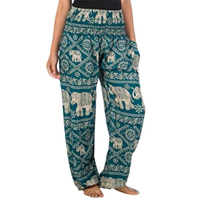Image of Lofbaz Harem Pants for Women Yoga Boho Hippie Clothing Womens Palazzo Bohemian Pajama Trousers Beach Indian Gypsy Genie Clothes Elephant 1 Teal Green L