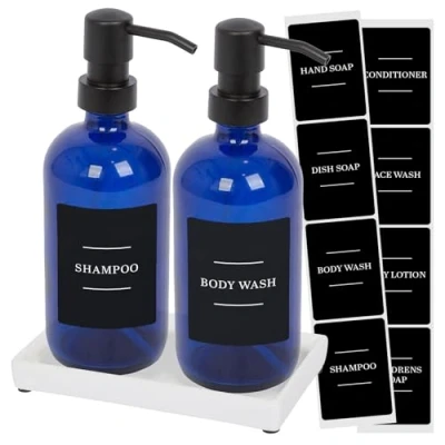 Image of Blue/Black 2pc Glass Soap Dispenser Set with Ceramic Tray &amp; Labels 500ml By Harbour Housewares