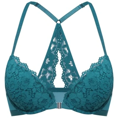 Image of DOBREVA Women&#039;s Push Up Front Fastening Bras Racer Back Lace Padded Plunge Underwired Bra Borealis Green 38DD