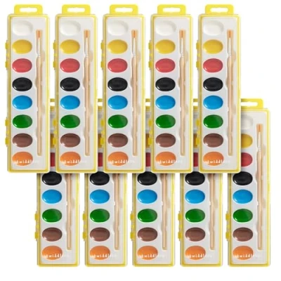 Image of THE TWIDDLERS 10 Water Colour Paints Sets Kids, Individual Palettes with Wooden Paintbrush &amp; 8 Vibrant Colours, Just Add Water, Washable, Perfect Party Bag Fillers for Kids Art Classroom Gifts
