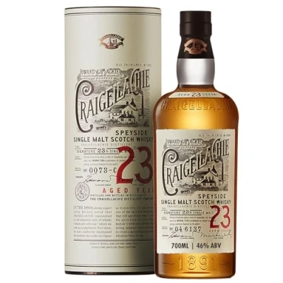 Image of CRAIGELLACHIE 23 Year Old Speyside Single Malt Scotch Whisky, 46% ABV, 70cl, with Gift Tube, Aged in First Fill Sherry and Bourbon Casks, 700ml