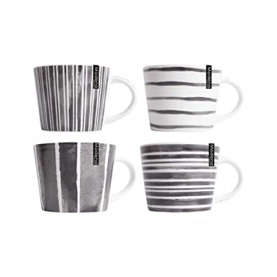 Image of YöL Set Of 4 Mugs Stripe Porcelain Mug Coffee Tea Cup 15oz Home Kitchen Grey White Large Mixed Designs