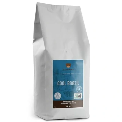 Image of Brazilian Decaffeinated Roast Coffee Beans 1kg Brown Bear Cool Brazil Medium Swiss Water Decaf Process For All Machines Strength 3