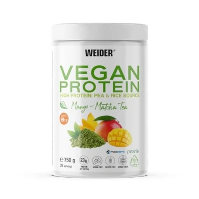 Image of Weider Vegan Protein (750g) Mango Matcha Flavour. 23g Protein/dose, Pea Isolate (Pisane) &amp; Rice Protein. with Vitamin B12 Stevia. Gluten Free, Sugar Free. Packaging 50% Recycled 100% Recyclable