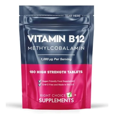 Image of Vitamin B12 High Strength 1000 μg (mcg) 180 Tablets Pure Methylcobalamin Supplement Energy Support UK Vegan VIT