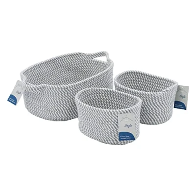 Image of JVL Edison Rectangular Cotton Rope Storage with Handles, Set of 3, Grey