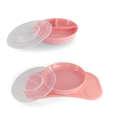 Image of Twistshake Baby Tableware Set Mini + Divided Plate Suction Placemat (31x17cm) BPA Free Training Pink