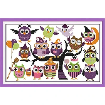Image of Cross Stitch Kits, Awesocrafts Interesting Halloween Cute Owls Easy Patterns Stitching Embroidery Kit Supplies Christmas, Stamped (Owls, Stamped)