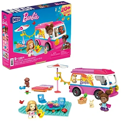 Image of MEGA Barbie Camper Building Toy Vehicle Playset, Adventure DreamCamper with 123 Pieces, 2 Micro Dolls, Accessories, Pets and Furniture,, GWR35