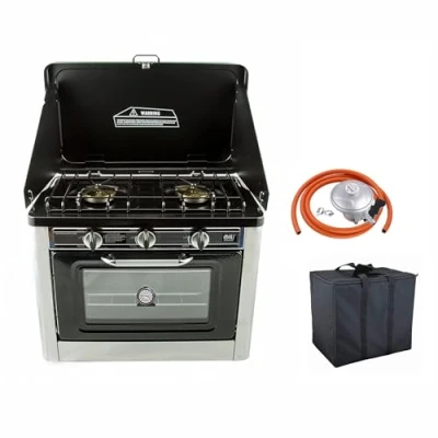 Image of NJ CO 01 Camping Gas Oven &amp; Hob 2 Burner Portable Cooker Stainless Steel Carry Bag Outdoor + Regulator