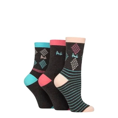 Image of Women&#039;s 3 Pair Pringle Patterned Cotton and Recycled Polyester Socks Charcoal Diamond / Stripe 4 8