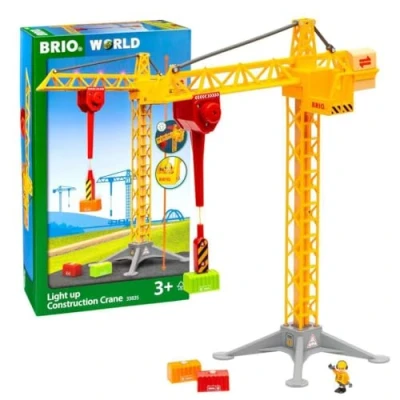 Image of BRIO World Light Up Construction Crane for Kids Age 3 Years Wooden Railway Train Accessories and Add Ons