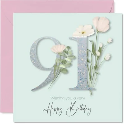 Image of 91st Birthday Cards for Women Fancy Floral Flowers Happy Card 91 Year Old Woman Nan Gran Granny Nanny, 145mm Bday Greeting