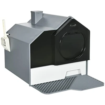 Image of PawHut Hooded Cat Litter Tray with Scoop, Box Drawer Pan, Handle, Deodorants, Hut Design, Front Entrance, 47 x 45 42cm Grey