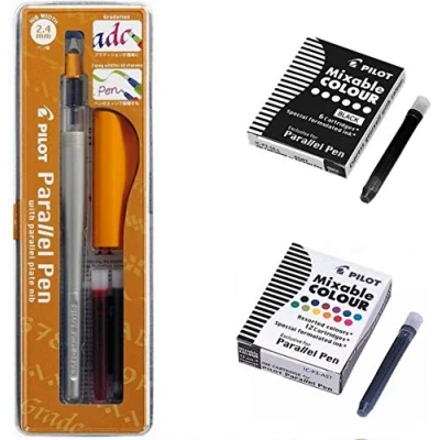 Image of Pilot Parallel Pen Set 2.4 mm + 1 Box of 12 Ink Cartridges Assorted Colours 6 Black Ruler Wooden Bookmark Blumie