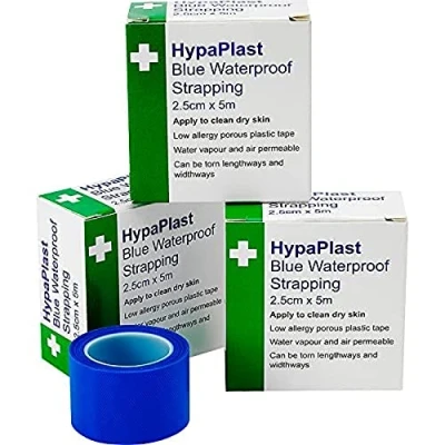 Image of Safety First Aid Group HypaPlast Blue Waterproof Tape for securing Plasters and Dressings, 2.5 cm x 5m, Pack of 3 Rolls