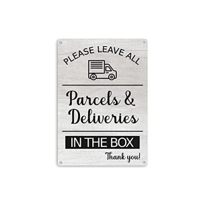 Image of Please Leave All Parcels &amp; Deliveries In The Box Notice Sign Choice of 2 Colours with 4 Drill Holes, Printed Waterproof Exterior Use Plaque. Shipped Globally. (Grey Wood Effect)