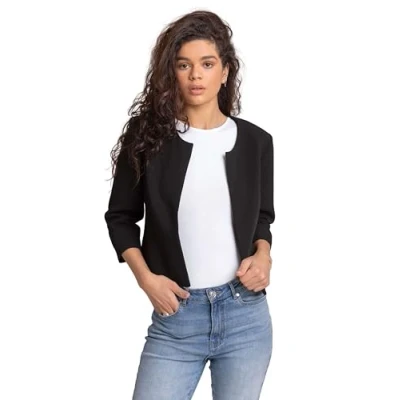 Image of Roman Originals Cropped Bolero Jacket for Women UK Ladies Wedding Guests Shrug Jacquard Tailored Fitted Blazer Smart Work Formal Evening Short Round Collar 2 Pockets Plain Black Size 20