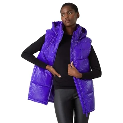 Image of Roman Originals Quilted Gilet with Hood for Women UK Ladies Sleeveless Coat Hooded Jacket Padded Bodywarmer Winter Lightweight Warm Autumn Funnel Neck Longline Soft Bubbly Purple Size 14