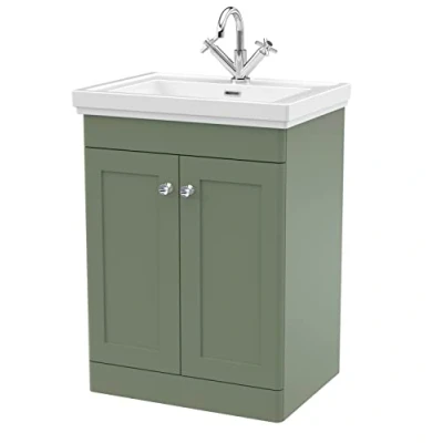 Image of nuie CLC825A Classique Traditional Bathroom Floor Standing 2 Door Vanity Unit with 1 Tap Hole Fireclay Basin, 600mm, Satin Green