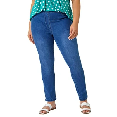 Image of Roman Originals Jeggings for Women UK Jean Ladies Stretchy Trousers Denim Leggings High Waist Rise Pull On Skinny Straight Leg Cotton Pants Smart Casual Plus Blue (31 inch) Size 18