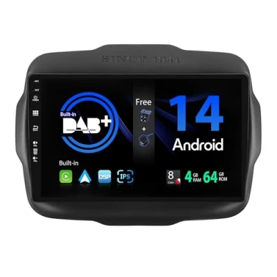 Image of SXAUTO【Built in DAB】Android 13 IPS Car Stereo For Jeep Renegade (2015 2018) Wireless CarPlay/Android Auto/DSP LED Camera + MIC 4G+64G 9 Inch 2 Din AHD Steering Wheel Fast boot 360