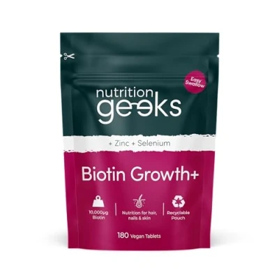 Image of Nutrition Geeks Biotin Hair Growth Supplement 180 Tablets Enhanced with Zinc &amp; Selenium, Vitamins Complex 10000 mcg Vegan, Skin and Nails for Women Men UK