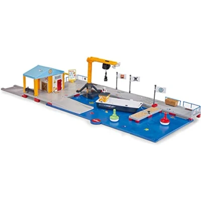 Image of siku 5512, Pier, Plastic, Multicolour, 2 base plates for combination with other pieces, Work boat, Buoys, Snack bar, Jetty, Crane, Easy assembly