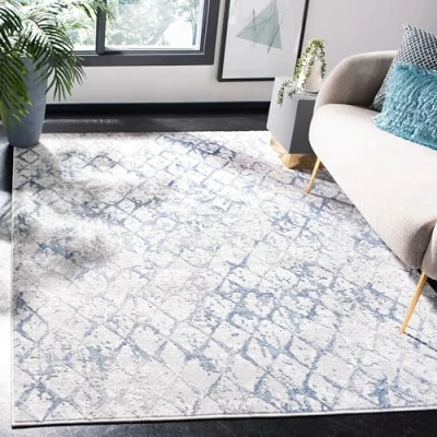 Image of SAFAVIEH Modern Trellis Distressed Rug for Living Room, Dining Bedroom Amelia Collection, Short Pile, in Light Grey and Blue, 160 X 229 cm