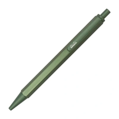 Image of RHODIA 9387C scRipt Refillable Ballpoint Pen Hexagonal Brushed Aluminium Barrel Sage 0.7 mm High Precision Retractable Tip, Black Ink Collection