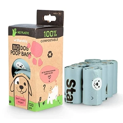 Image of Starchly Compostable Poo Bags for Dog Waste Ecofriendly Leak Proof Starch based Materials 120 (8 rolls of 15), Blue