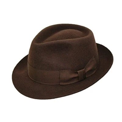 Image of DH Gents 100% Wool Hand Made Brown Manhattan Felt Fedora Trilby Hat with Wide Band (XL (61cm))