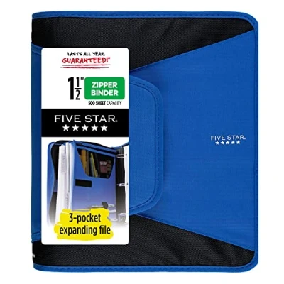 Image of Five Star Zipper Binder, 1 1/2 Inch 3 Ring Binder for School, Pocket Expanding File, 500 Sheet Capacity, Blue (72202)