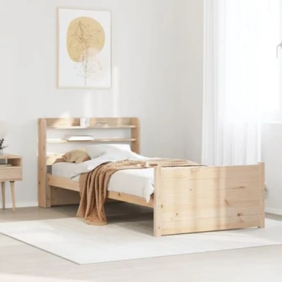 Image of vidaXL Bed Frame with Headboard 75x190 cm Small Single Solid Pine Wood Plywood Slats Storage Shelves