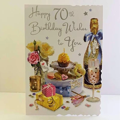 Image of Jonny Javelin Female Age 70 70th Birthday Wishes to You Card Champagne Present Cupcake Flowers