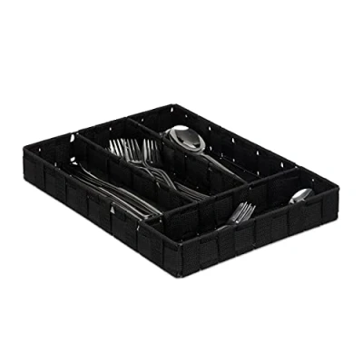 Image of Relaxdays Cutlery Tray, 4 Compartments, Kitchen Flatware Organiser, Drawer Insert, HxWxD: 4.5x26x36 cm, Black