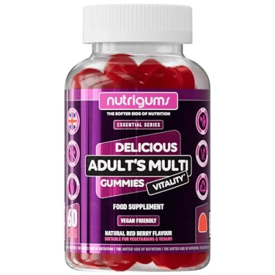 Image of Adult Multi Vitality Gummy Mixed Berry Flavour 60 Vegan Gummies 11 Essential Vitamins &amp; Minerals A,D,E,C,B3,B6,B5,B12,Biotin, Zinc Iodine Support Wellbeing Immune System by NUTRIGUMS®