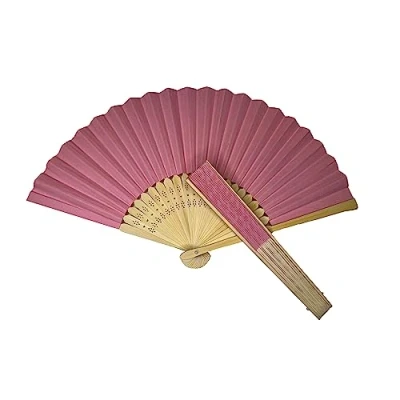 Image of Parev Pink Paper Foldable Hand Held Bamboo Wooden Fan