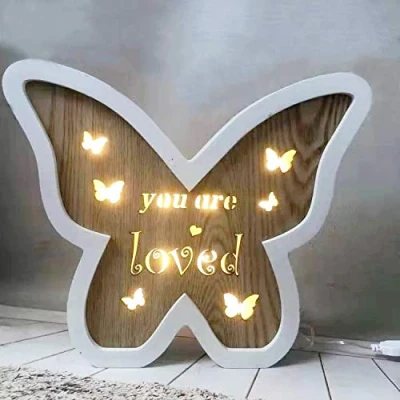 Image of SHATCHI Wooden LED Light Up Table Frame Love Plaque Standing Christmas Office Desktop Decorations Home/Moon/Star/Heart/Butterfly, White &amp; Brown