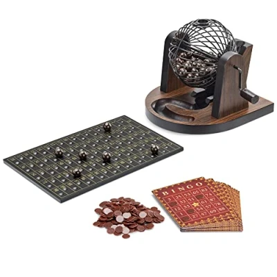 Image of Navaris Bingo Set Wood Veneer Game with 1 90 Balls Metal Tombola Drum Cage Cards and Markers Family Games for Adults Kids