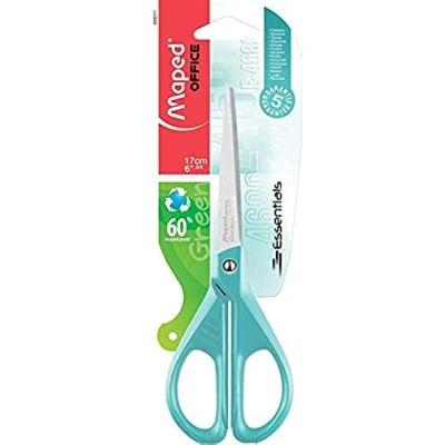 Image of Maped Office Scissors Essentials Symmetrical 17 cm Blue Stainless Steel Blades and Rivets Ergonomic Rings for Ambidextrous Sharp Tip