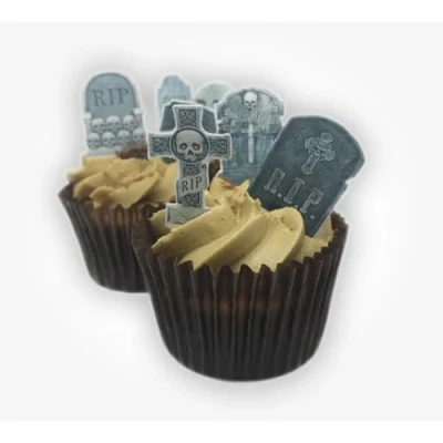 Image of 36 Stand Up Halloween Gravestones Premium Edible Wafer Paper Cake Toppers Decorations
