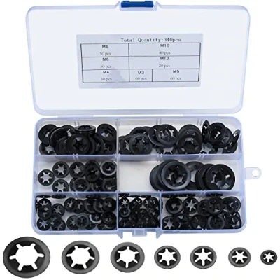 Image of Ewwtrey 340 Pcs Internal Tooth Starlock Locking Washers, Push On Speed Clips Fasteners Quick 65Mn Black Lock Washers Assortment Kit M3, M4/M5/M6/M8/M10/M12