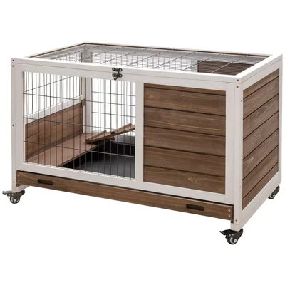 Image of PawHut Wood Indoor Rabbit Hutch Elevated 2 Floor Guineas Pigs Cage with Wheels