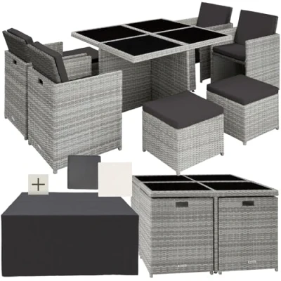 Image of TecTake® Polyrattan Garden Furniture Set with Aluminium Base, including 4 Dining Chairs, 1 Table, Stools, Foldable Lounge protective cover, For Up To 8 People light grey