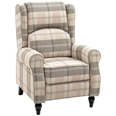 Image of HOMCOM Farmhouse Recliner Armchair for Living Room, Wingback Reclining Chair with Footrest, Round Armrests and Rubber Wood Legs, Khaki
