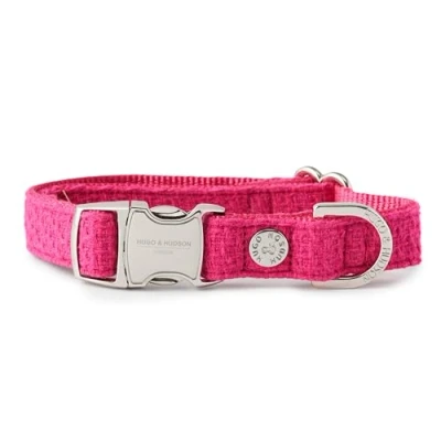 Image of HUGO &amp; HUDSON Tweed Dog Collar, Luxury Adjustable Quick Release Safety Metal Buckle, Pink, L