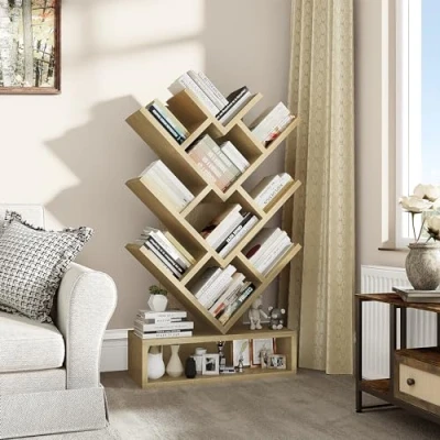 Image of YITAHOME Tree Bookshelf, Floor Standing Bookcase with Wooden Drawer Industrial Shelving Units Display Storage Shelf for Living Room,Home,Office, Oak Color Book shelves