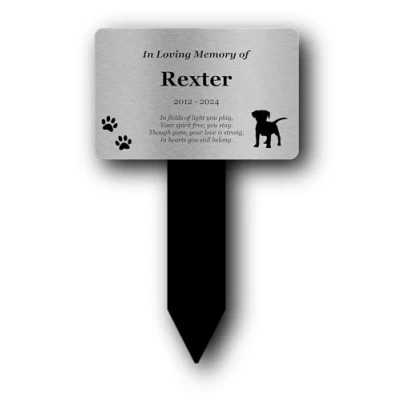 Image of Personalised Dog Memorial with Silver Plaque and Black Acrylic Stake Customise up to 7 Lines of Text UV Printed for Outdoor Use